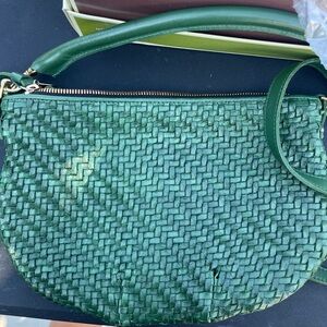 Clare V. Petit Moyen Green Woven Leather Shoulder Bag